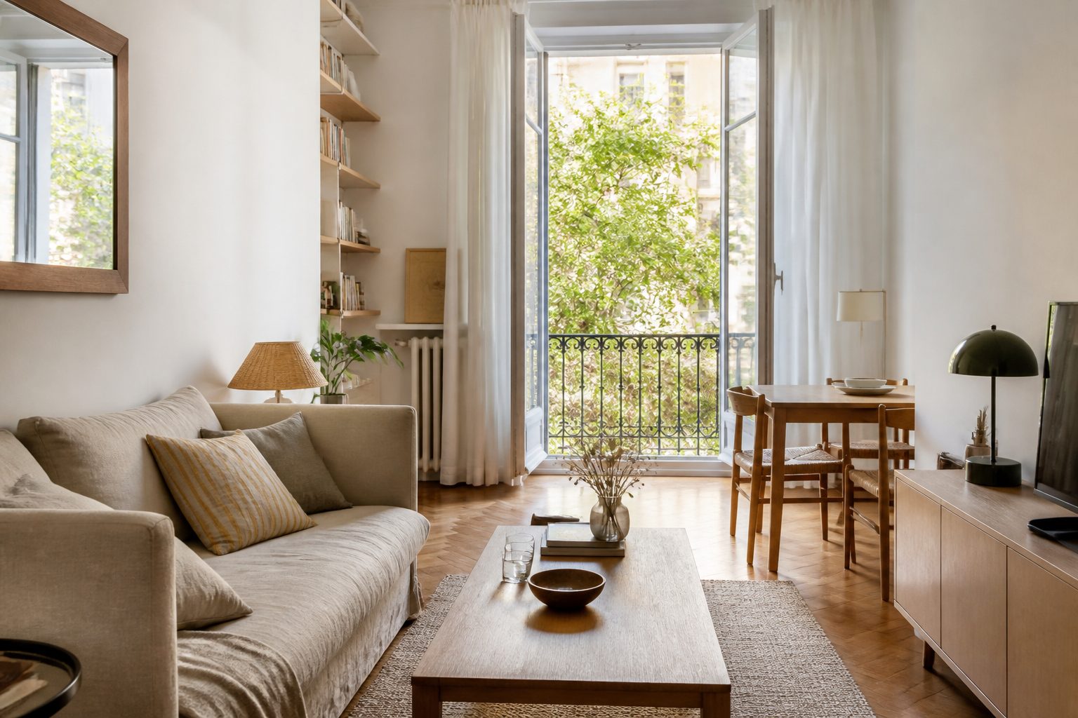 Intérieur contemporain avec mobilier clair et lumineux